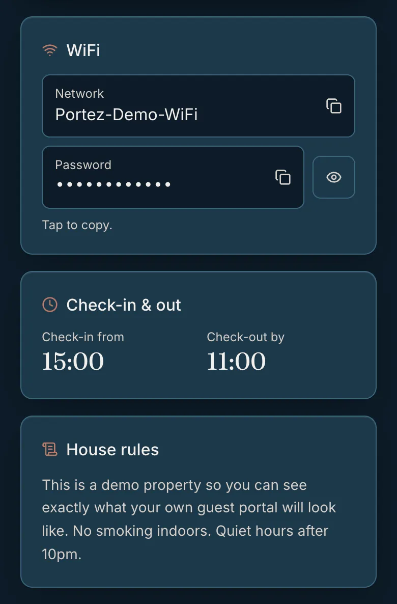 The WiFi, check-in and house rules sections of a Portez guest portal on a phone
