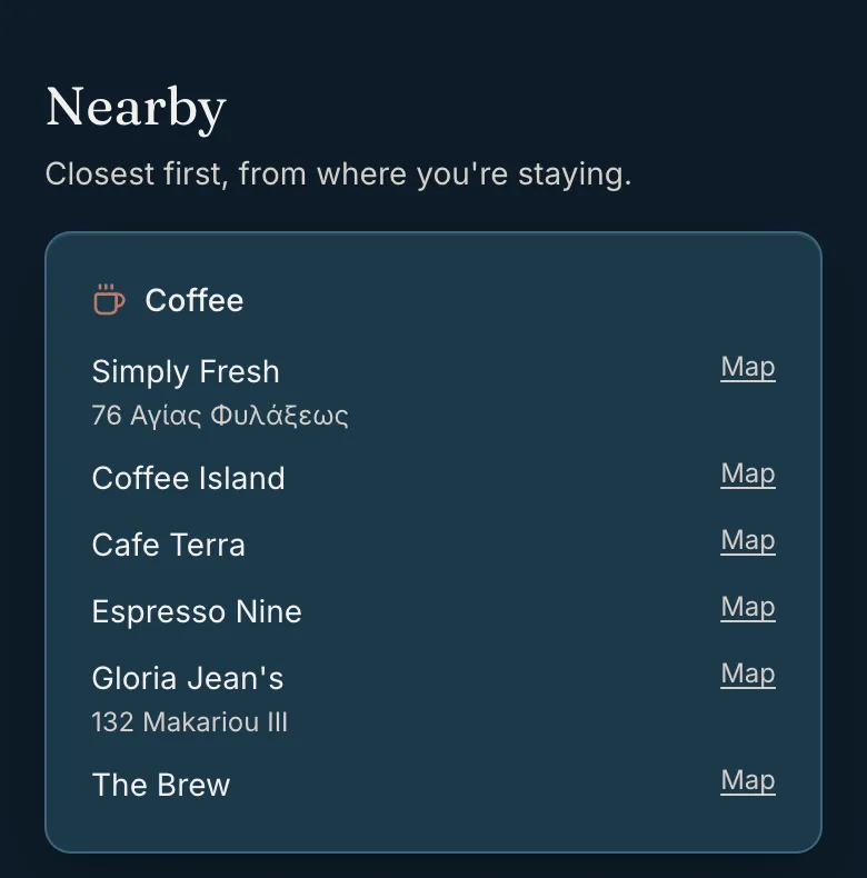 The nearby cafés list in a Portez guest portal for a flat in Limassol, closest first